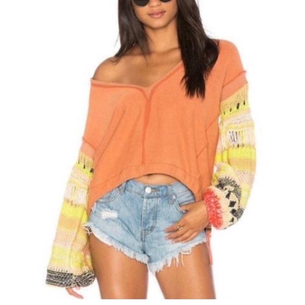Free People Reminiscent Slouchy Mixed Media Knit Crochet Boho Sweater LARGE